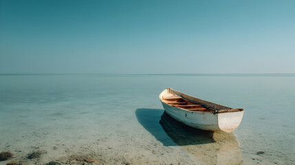 Naklejka premium A calm turquoise sea reflects the clear sky with a small boat sitting quietly on shore