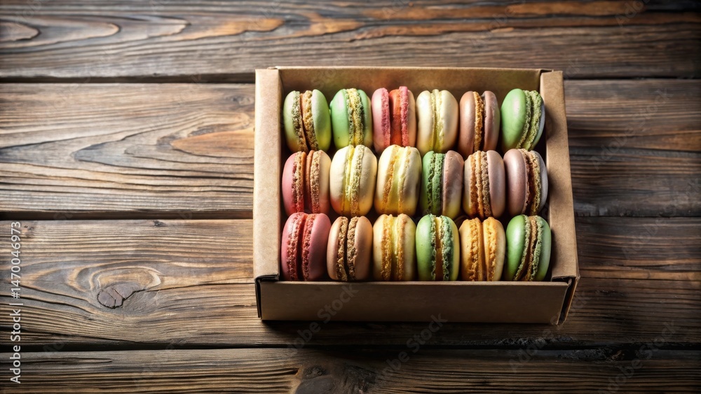 Poster a delightful assortment of colorful almond meringue cookies nestled in a rustic cardboard box, resti