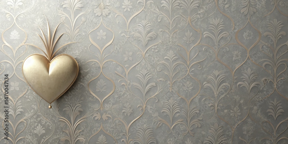 Aufkleber elegant golden heart adorned with intricate filigree on a textured damask background