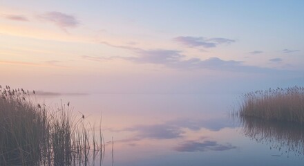 Fototapeta premium Serene Dawn Misty Lake Reflections with Reeds and Pastel Sky