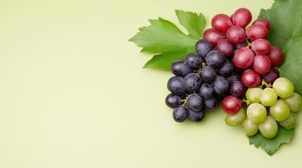 Fresh Red Green Purple Grapes with Leaves on Green Background