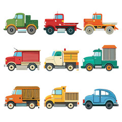 Nine classic Flatbed Truck arranged on a white background.
