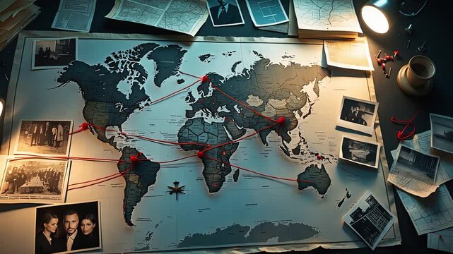 World map on investigation desk with red pins, connected string lines, old photographs, documents and vintage lighting during crime analysis

