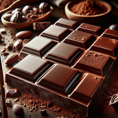 Delicious gourmet chocolate bar with cocoa powder and nuts