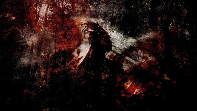 beautiful shamanic girl playing on shaman frame drum in the nature. Loop Animation.