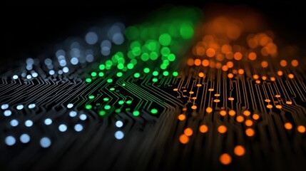 Obraz premium Illuminated Circuit Board Closeup Showing Green Orange White LEDs Technology Abstract Background