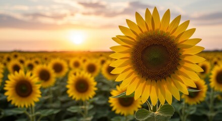 Obraz premium Sunflower Field at Sunset with Golden Light, Close-up View