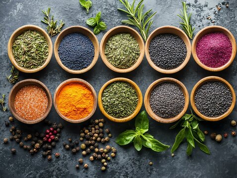 Vibrant variety of spices and herbs in bowls, showcasing rich colors and textures for culinary inspiration.