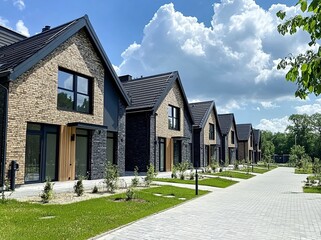Obraz premium Modern new residential area in Poland, exterior of contemporary townhouses with garden yards against a blue sky background. Real photo. generative ai