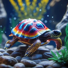 Fototapeta premium A bright multicolored turtle swims underwater among stones and algae. A fantastic underwater world.