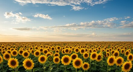 Obraz premium Sunflower Field Blooming Under a Bright Blue Sky Landscape