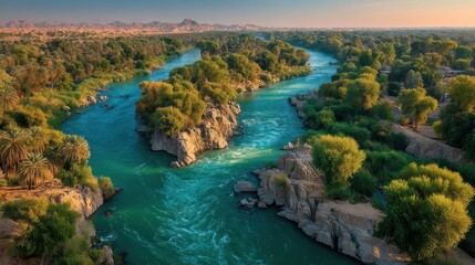 Fototapeta premium Serene Oasis River Landscape Lush Green Vegetation and Turquoise Water