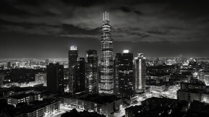 Black and white city skyline at night with glowing windows, artistic silhouette background