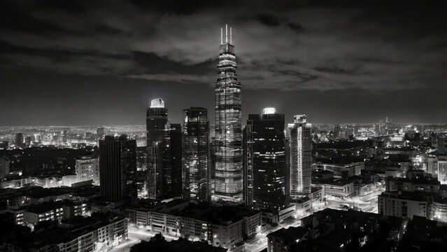 Fototapeta Black and white city skyline at night with glowing windows, artistic silhouette background