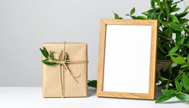 A rustic wooden frame adorned with vibrant green leaves encircles a blank sheet of paper, inviting creativity and personalization in a natural setting.