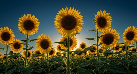 Fototapeta premium Sunflower Field at Golden Hour with Sun Bursting Through Blooms