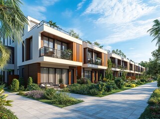 Obraz premium Modern new residential area in Poland, exterior of contemporary townhouses with garden yards against a blue sky background. Real photo. generative ai