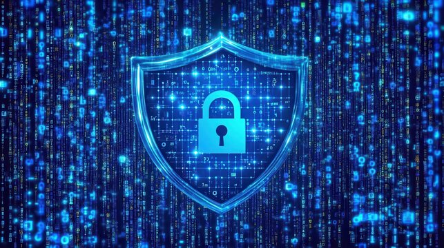 A 4K photo of 4K photo of blue digital shield with a secure lock icon, surrounded by binary code and data nodes. Cybersecurity, data protection, encryption, and network.