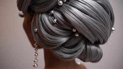 Elegant hairstyle transformation with silver accents and decorative pearls in a sophisticated setting