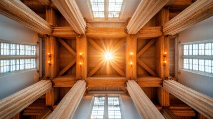 Fototapeta premium Ceiling Grandeur Concept, Stunning View of Massive Church Ceiling with Layered Wooden Beams and Natural Light Streaming In