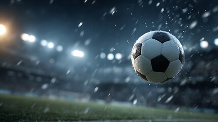 Fototapeta premium Soccer ball in flight, rain, stadium lights