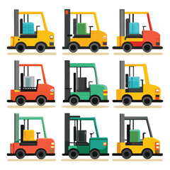 Nine classic Forklift arranged on a white background.