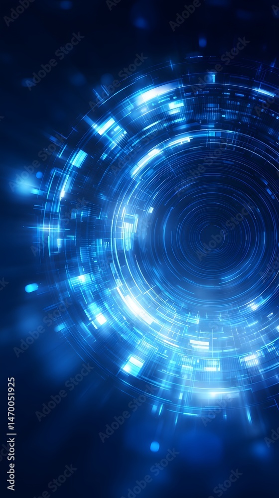 Poster an abstract blue digital technology background with a circular geometric pattern leaving ample copy 