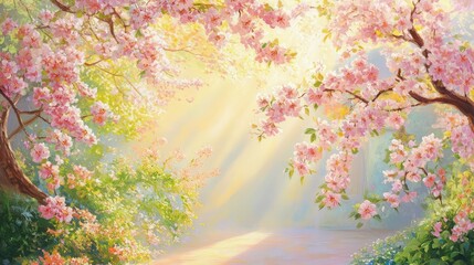 Branches filled with soft pink cherry blossoms, sunlight filtering through the floral canopy