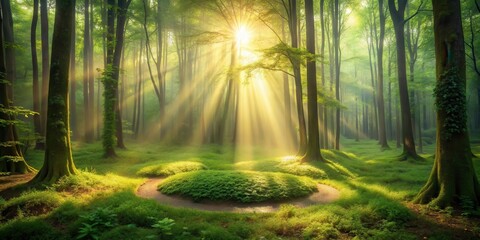Obraz premium Golden sunbeams illuminate a mystical woodland path, creating an ethereal ambiance amidst the verdant canopy and mossy forest floor.