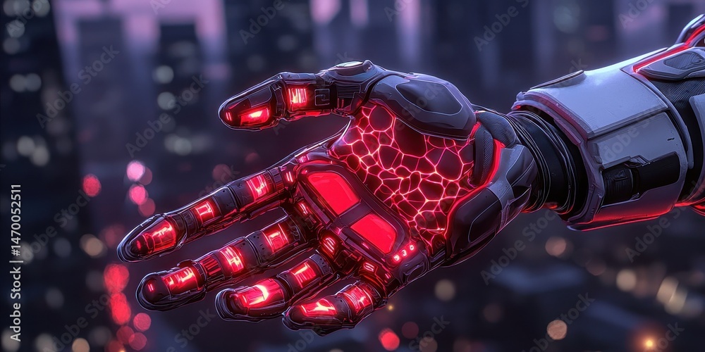 Poster a futuristic robotic hand with glowing red circuits extends over a blurred cityscape at dusk.