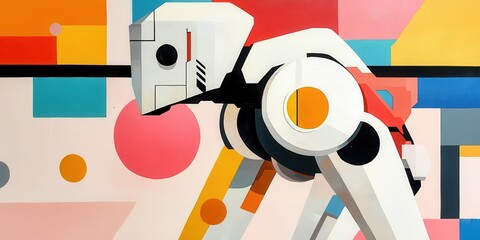 A geometric, colorful artwork featuring a robotic figure against a vibrant abstract background.