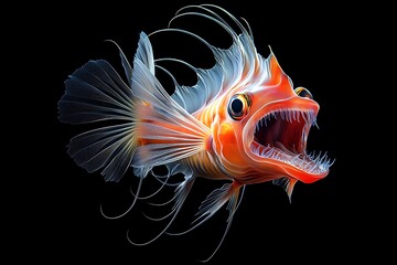 Fototapeta premium Deepsea anglerfish exhibiting glowing lure in dark ocean depths underwater photography