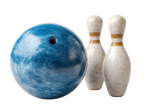 Bowling game setup with blue ball and two pins on surface