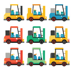 Nine classic Forklift arranged on a white background.