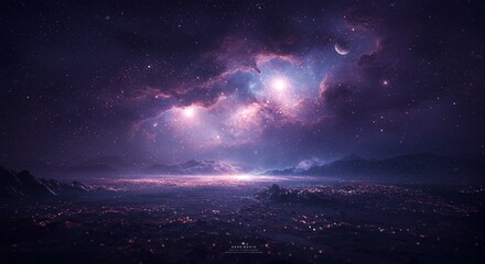 Fototapeta premium Alien Planet Nightscape Starry Sky Nebula and Glowing Landscape