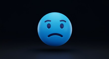 Fototapeta premium Doubt: A Blue Emoticon - Uncertainty, skepticism, questioning, contemplation, and mild disapproval are symbolized by this 3D blue emoticon on a dark background. Perfect for websites, apps