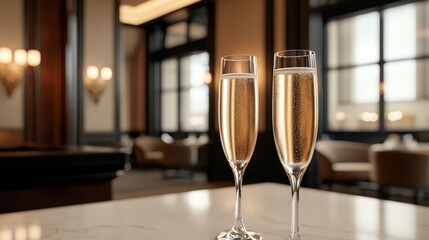 Fototapeta premium Two glasses of sparkling champagne on a marble table in an elegant, softly lit lounge setting.