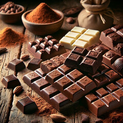 Assorted gourmet chocolate bars with cocoa powder and nuts on rustic wooden table