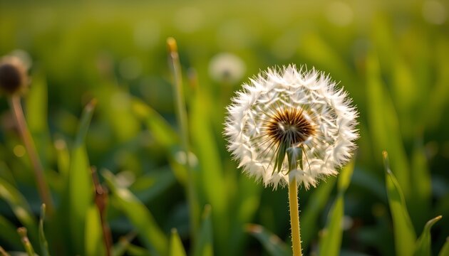 a single dandelion seed head in sharp focus with a soft blurred green field in the background
