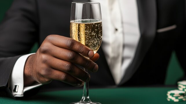 A well-dressed person holds a glass of champagne at a casino table, exuding elegance and celebration.