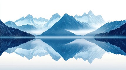 Winter mountain landscape with lake, snow-capped peaks under cloudy blue sky and mist