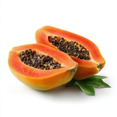 Ripe Halved Papaya Fruit with Seeds on White Background Tropical Food