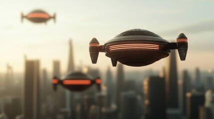 Fototapeta premium Futuristic flying drones hover above a modern city skyline during sunset, blending advanced technology with urban life.