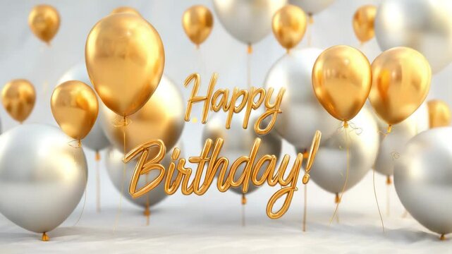 Gold and silver balloons floating with happy birthday text in elegant scene. 4K video