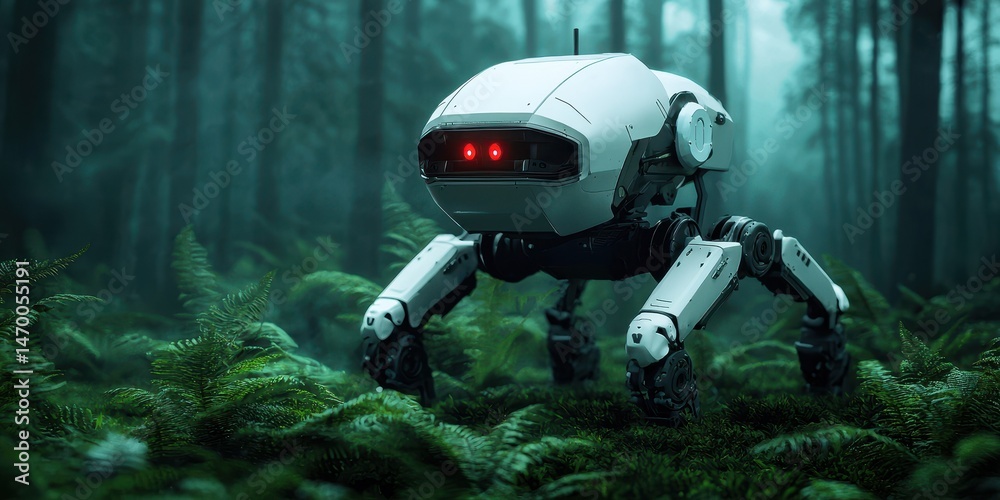 Poster A futuristic quadruped robot with red lights explores a lush, green forest surrounded by ferns and tall trees.