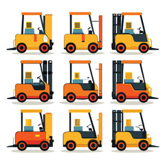 Nine classic Forklift arranged on a white background.