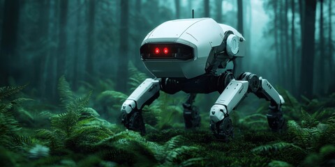 A futuristic quadruped robot with red lights explores a lush, green forest surrounded by ferns and tall trees.