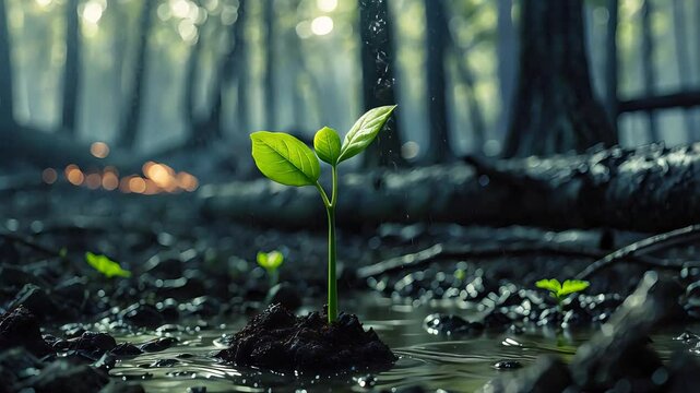 Young green seedling growing in wet soil with raindrops falling in a dark forest background, surrounded by burned logs and ash-covered ground


