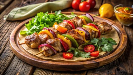 Delicious Grilled Meat Skewers with Colorful Vegetables and Fresh Herbs on Rustic Wooden Board