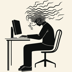 Call Center Agent Silhouette Working At Computer With Headset On Desk Chair
